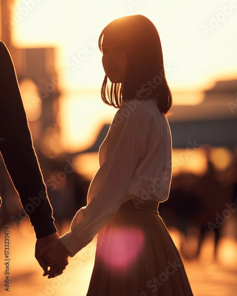 Fototapeta 夕陽に照らされたシルエットの若いアジア人のカップル