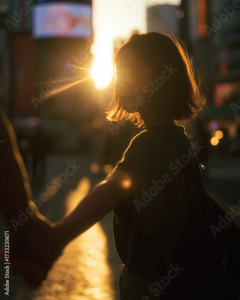 Fototapeta 夕陽に照らされたシルエットの若いアジア人のカップル