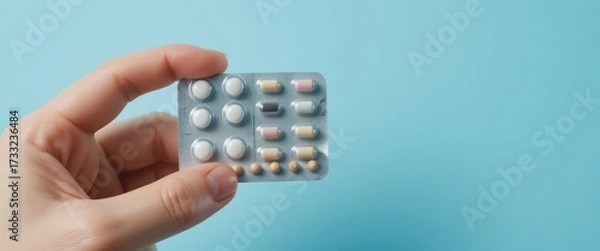 Fototapeta A person's hand holds a blister pack filled with various colored pills and white tablets against a plain blue background