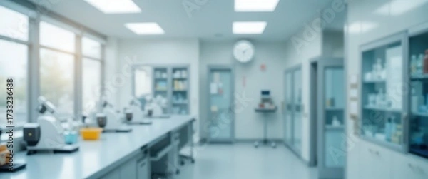 Fototapeta Blurred interior view of a modern research laboratory with scientific equipment on long workbenches and bright windows