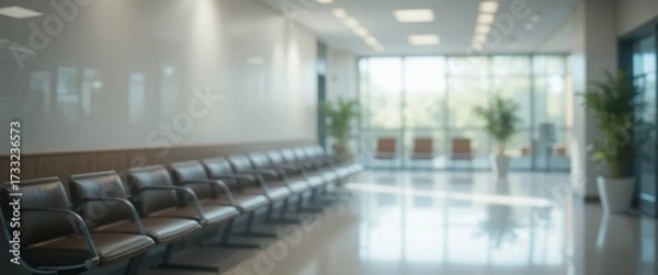 Fototapeta Interior view of a contemporary waiting area with empty brown leather chairs and large sunlit windows