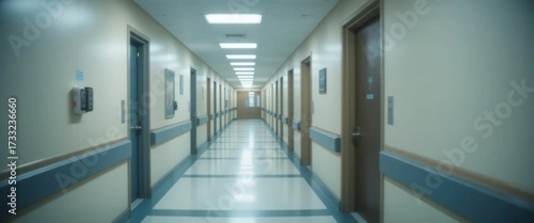 Fototapeta Long brightly lit empty hospital hallway with multiple closed doors a tiled floor and blue wall protection rails