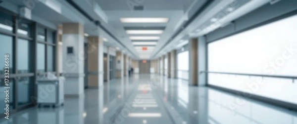 Fototapeta Abstract blurred background of a wide modern hospital corridor with reflective floors and bright windows