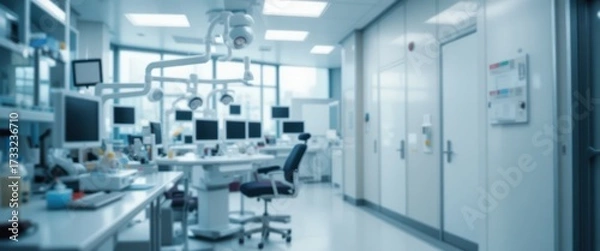 Fototapeta Blurred view of an empty modern medical laboratory with multiple screens surgical lights and equipment