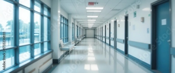 Fototapeta Bright empty hospital corridor Large windows waiting benches multiple doors Fluorescent lighting reflective floor