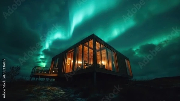 Fototapeta Cabin sanctuary beneath the aurora borealis' magical dance, framed by a serene evening sky