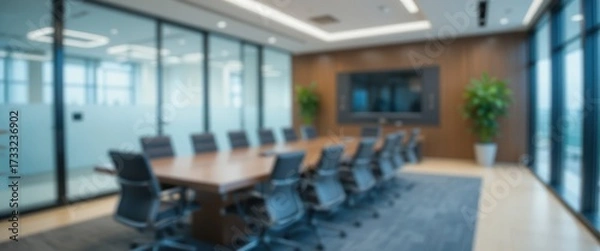 Fototapeta Blurred modern empty conference room with a wooden table black chairs and screen Glass walls are visible