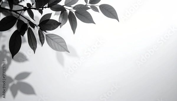 Fototapeta Dark leaves and branch in corner, creating shadows on a bright, white background