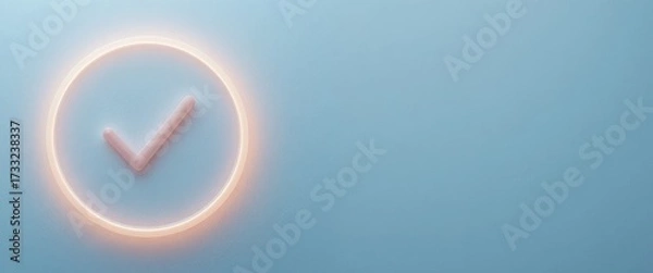 Fototapeta A glowing orange circular neon sign frames a pink 3D checkmark against a soft light blue background