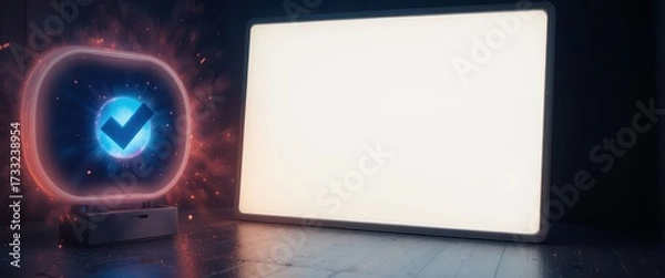 Fototapeta A glowing digital checkmark display sits beside a large illuminated white light panel Dark background