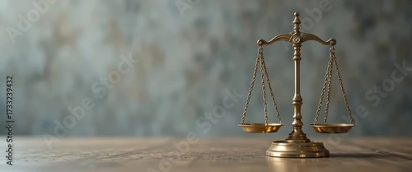 Fototapeta Traditional brass balance scales with empty pans sit on a rustic wooden surface and blurred wall