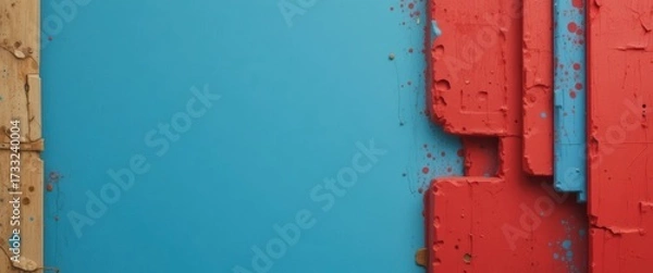 Fototapeta Textured red painted abstract blocks with blue splatters contrasting a smooth cyan wall and a rustic wooden border