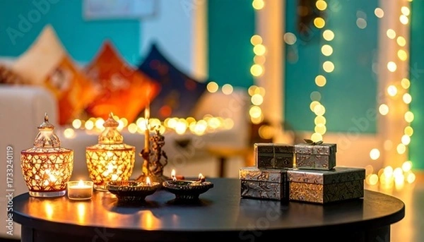 Obraz Diwali Celebration with Glowing Diyas Lanterns and Gift Boxes Festive Home Decor