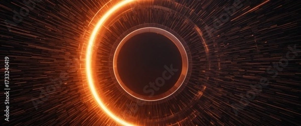 Fototapeta Futuristic glowing orange abstract tunnel featuring a dark central void and dynamic light rays