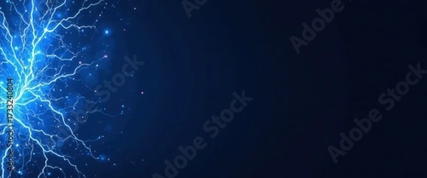 Fototapeta Intense blue lightning bolt branches across a dark gradient background with many glowing energy particles
