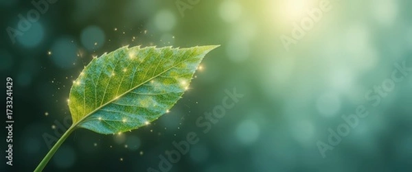 Fototapeta A single bright green leaf illuminated by magical golden sparks against a soft teal bokeh backdrop