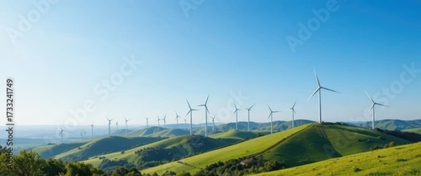 Fototapeta A vast wind farm with numerous white turbines stands on rolling green hills under a bright clear blue sky