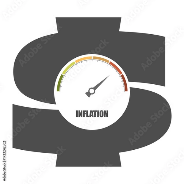 Fototapeta Inflation level on measure scale. Instrument scale with arrow and symbol of dollar of USA. Inflationary financial crisis. Colorful infographic gauge element.