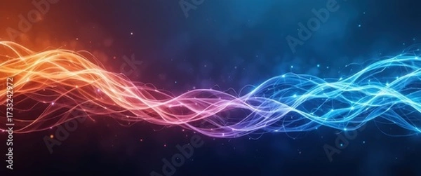 Fototapeta Vibrant glowing abstract wave lines in orange pink and blue against a dark gradient background with sparkling particles