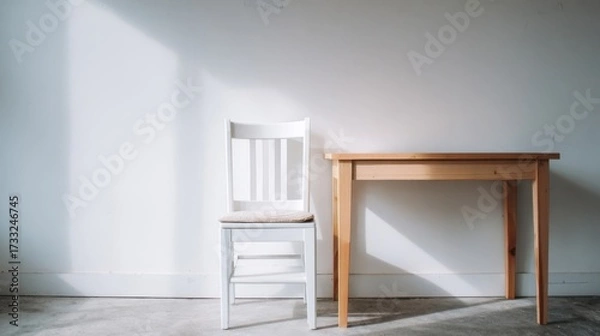 Obraz Minimalist interior with a white chair and wooden table against a plain wall, geometric shadows from natural light,
