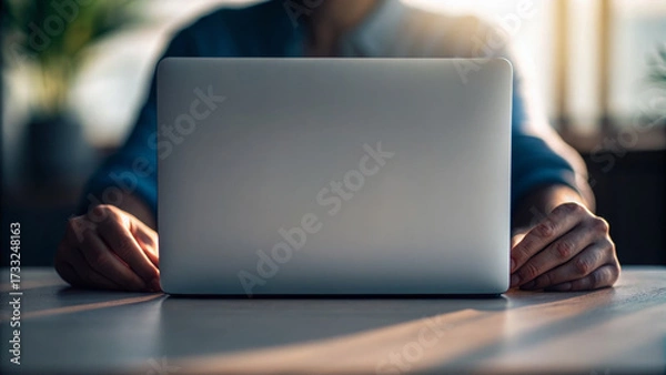 Fototapeta Man laptop computer workday productivity four day workweek remote work office morning focused