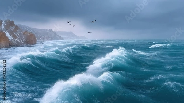 Fototapeta A Majestic Bird Soars Over Tumultuous Ocean Waves, Defying the Stormy Sky with Stunning Freedom