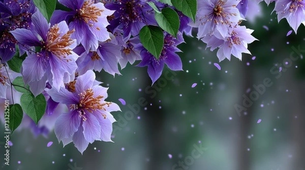Fototapeta Unlocking Fantasies: Purple Flowers Take Flight from Tree Branches to Create Enchanted Doorways Beyond Imagination