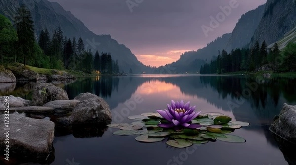 Fototapeta A Beautiful Purple Lotus Flower Floating Gracefully on a Rock Surrounded by Crystal Clear Waters of a Serene Lake