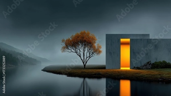 Fototapeta A Mysterious Tree Stands Guard as a Glowing Doorway Beckons from the Building Behind It in a Foggy Landscape Today