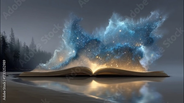 Fototapeta Exploring the Wonders of Literature Through a Beautifully Open Book and its Pages in a Tranquil Setting of Imagination