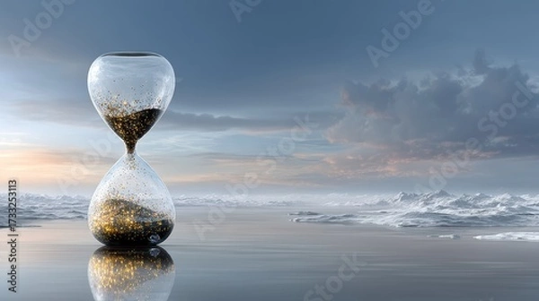 Fototapeta Exploring the Mystical Beauty of an Hourglass Floating in a Bright Sky Surrounded by Glowing Stars