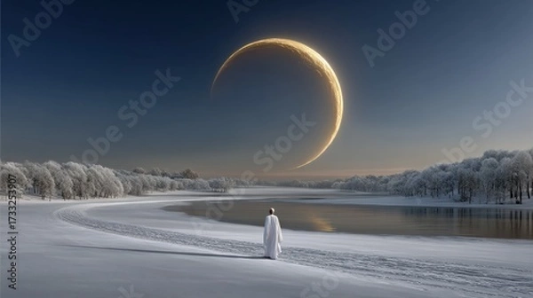 Fototapeta A Solitary Figure in a Snowy Wonderland Gazes at an Enchanted Lake Veiled by Imagination