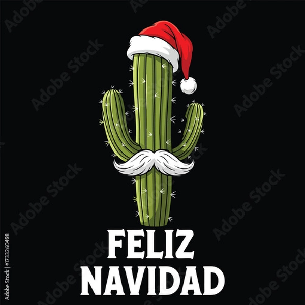 Obraz Feliz Navidad lettering spanish typography Merry Christmas cactus and Santa Red hat Vector illustration for holidays festive design.
