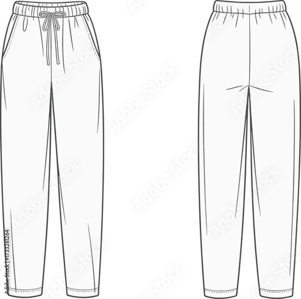 Fototapeta Jogger pants, sweatpants, fashion sketch, technical drawing, flat vector, apparel design, clothing template, front back view, garment construction, illustration