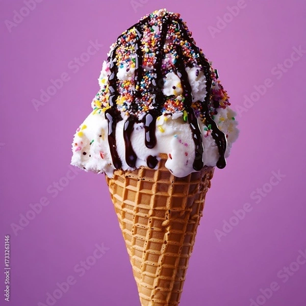 Fototapeta A delightful vanilla soft serve ice cream cone with chocolate sauce and colorful sprinkles on a vibrant purple background, a sweet treat