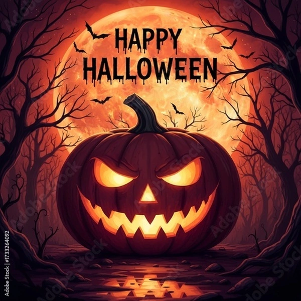 Fototapeta Giant Jack-o'-Lantern in Spooky Forest - Happy Halloween Full Moon Background - Digital Poster and Banner
