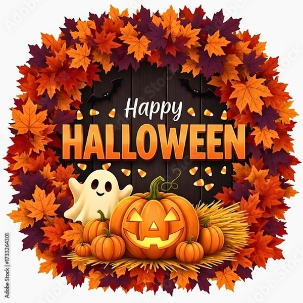 Fototapeta Autumn Wreath with Happy Halloween Text and Pumpkins - Fall Holiday Celebration Border - Digital Badge and Emblem Graphic