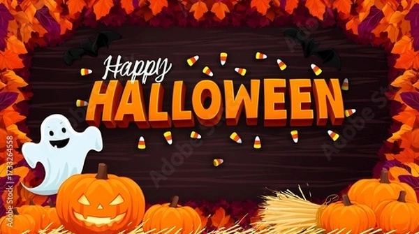 Fototapeta Fall Leaves Frame with Happy Halloween Text and Ghost - Horizontal Autumn Holiday Banner - Digital Invitation Graphic