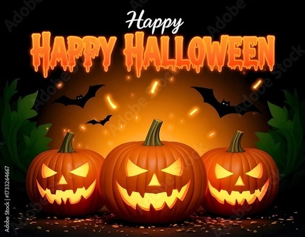 Fototapeta Three Glowing Jack-o'-Lanterns and Bats Background - Happy Halloween Dark Party Flyer - Spooky Digital Art