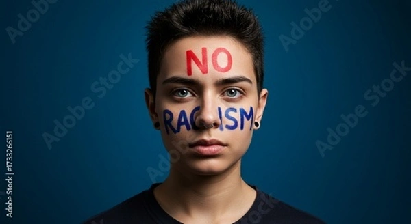 Fototapeta Activist portrait with anti-racism message painted on face, symbolizing courage, equality, and human rights.