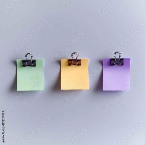 Fototapeta Three pastel sticky notes clipped on grey surface, centered