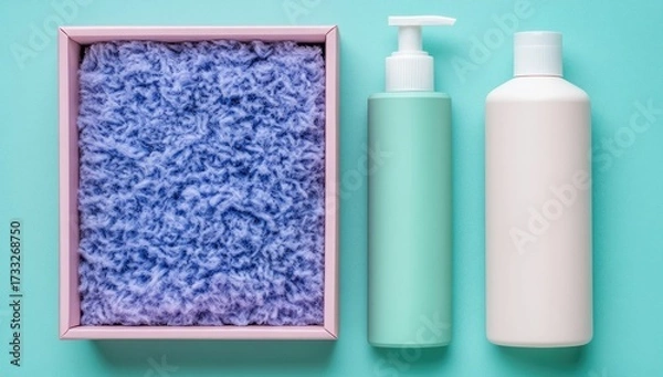 Fototapeta Fluffy towel in box, bottles, turquoise background