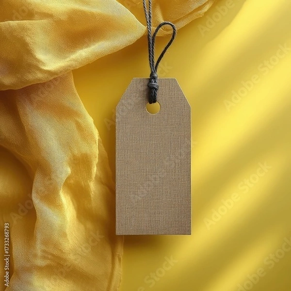 Fototapeta Tag on vibrant yellow silk fabric, blank for text