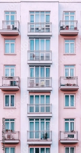 Fototapeta Building facade aligned windows & balconies, pink/white