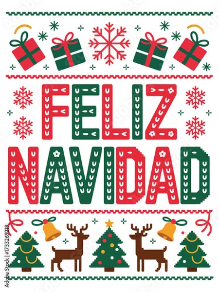 Obraz Feliz Navidad lettering spanish typography Merry Christmas Vector illustration for holidays festive design.