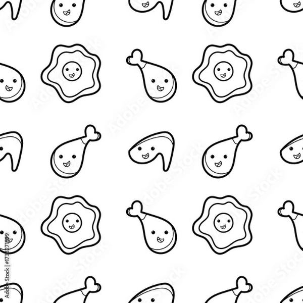 Fototapeta Seamless pattern of hand drawn fried chicken and fried egg