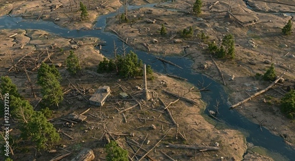 Fototapeta Desolate Landscape with Dry Riverbed and Ruined Structures