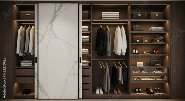 Fototapeta A modern and luxurious walk-in closet with dark wood shelving, integrated lighting, and a stylish marble-patterned sliding door.