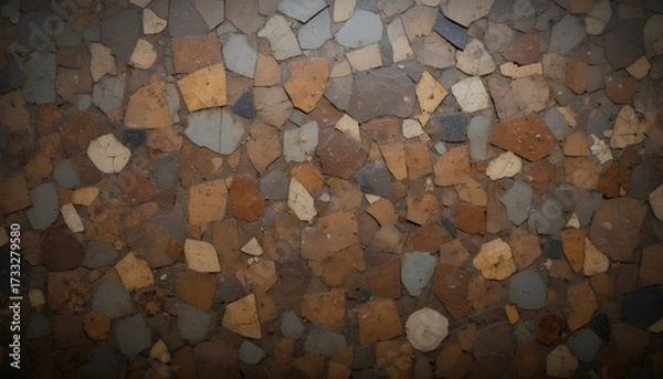 Fototapeta Dark Brown Scratched Grains Stone and Cement Wall Texture with Vignette Background Pattern