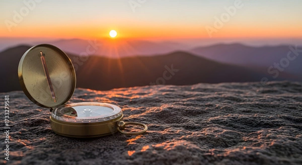 Fototapeta A golden compass rests on a rocky mountain peak during a beautiful, scenic sunrise over a distant mountain range.